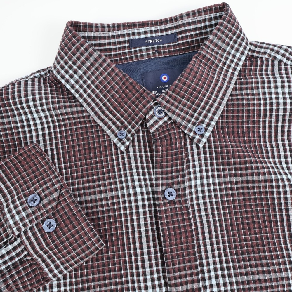 Ben Sherman Stretch Plaid Button Down Shirt‎ Mens Long Sleeve Brown Size L